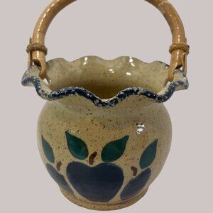 Three Rivers Pottery Basket Wooden Handle Handpainted Blue Apples 1993